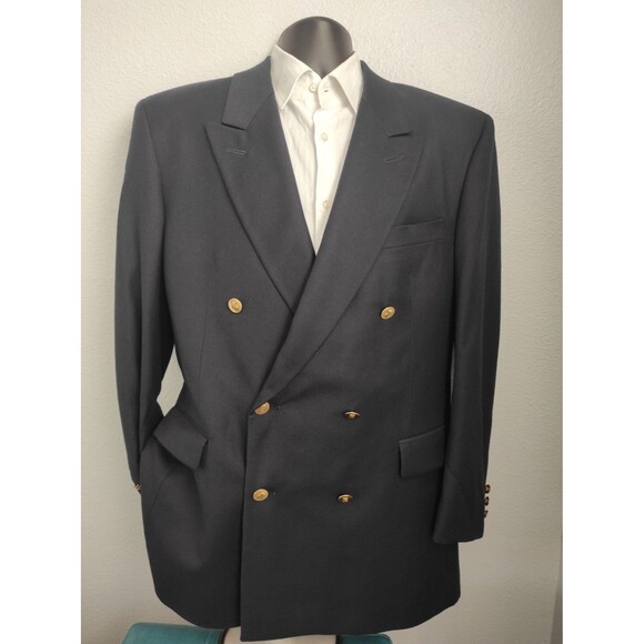 Vintage Aquascutum Mens Navy Blue 100% Wool Double Breasted Blazer Sport Coat 42